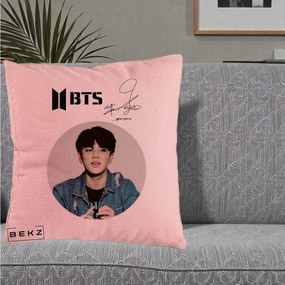 Perna Personalizata K-pop BTS Jimin Portret Cerc Autograf Geaca, 40x40 cm, Roz, Husa Detasabila, Perna Inclusa, BEKZ®