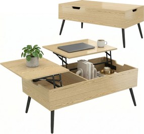 HOMCOM Masă de cafea rabatabilă cu dublu blat, masă de living cu compartiment ascuns și picioare din metal, lemn natural | Aosom Romania