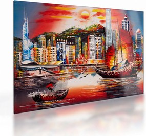 Tablou pe sticlă - Victoria Harbour, Hong Kong, pictură în ulei (70x50 cm)