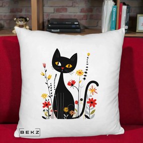 Perna Decorativa Pisica Neagra Ochi Galbeni Flori, 40x40 cm, Alb Pufos, Husa Detasabila, Perna Inclusa, BEKZ®