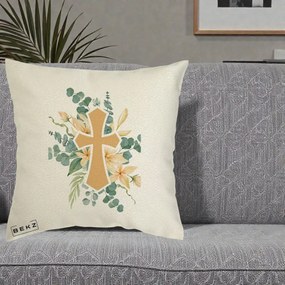Perna Personalizata Cruce Florala Botez, 40x40 cm, Ecru, Husa Detasabila, Perna Inclusa, BEKZ®