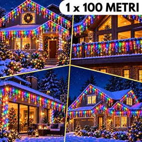 Instalație de Crăciun, 1 x 100 metri, franjuri tip țurțuri, fir gros, cu flash, exterior, multicolor