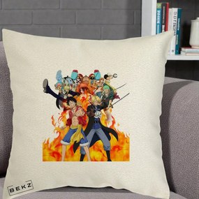 Perna Personalizata One Piece Echipa Straw Hat in Flacari, 40x40 cm, Ecru, Husa Detasabila, Perna Inclusa, BEKZ®