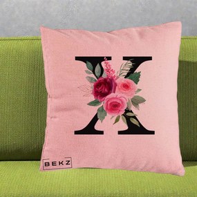 Cadou Personalizat - Perna Personalizata Monograma Florala Litera X cu Buchet, 40x40 cm, Roz, Husa Detasabila, Perna Inclusa, BEKZ®