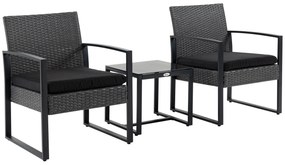 Outsunny Salon de jardin 2 locuri 3 piese 2 scaune cu perne + masă de cafea blat sticlă securizată rășină tressée 4 fire imitație de răchită gri | Aosom Romania