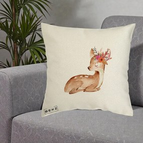 Perna Decorativa Caprioara cu Flori in Coama, 40x40 cm, Ecru, Husa Detasabila, Perna Inclusa, BEKZ®