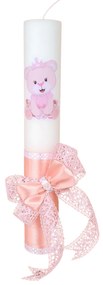 Lumanare botez decorata Ursulet roz 7 cm, 30 cm