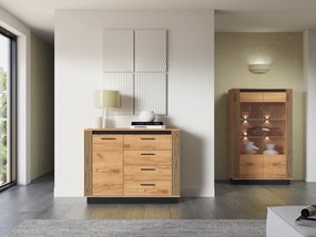 Comoda cu 4 sertare si 1 usa , stejar artisan  insertie negru, 115x90x40 cm, modern ,model riflaj pe margini, picioare negre , pentru living ,