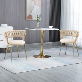 Set de 2 scaune de dining din catifea moale, stil modern cu spătar împletit și brațe, Alb
