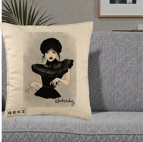 Perna Personalizata Wednesday Addams Portret Gotic, 40x40 cm, Bej, Husa Detasabila, Perna Inclusa, BEKZ®