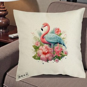 Perna Decorativa Flamingo cu Hibiscus Tropical, 40x40 cm, Ecru, Husa Detasabila, Perna Inclusa, BEKZ®