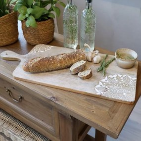 Platou de servire din lemn masiv de mango natur, cu gravuri artizanale, 2x58x25 cm, „Tours"