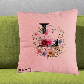 Cadou Personalizat - Perna Personalizata Monogram Litera L cu Flori Acuarela, 40x40 cm, Roz, Husa Detasabila, Perna Inclusa, BEKZ®