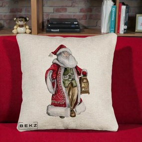 Perna Decorativa Mos Craciun Vintage cu Felinar, 40x40 cm, Bej Canapea, Husa Detasabila, Perna Inclusa, BEKZ®