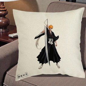 Perna Personalizata Bleach Ichigo Kurosaki Zangetsu, 40x40 cm, Ecru, Husa Detasabila, Perna Inclusa, BEKZ®