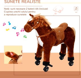 HOMCOM Căluț Balansoar pentru Copii 3+ Ani cu 4 Rotile și Sunete Realiste și Suport pentru Picioare, 65x28x75 cm, Maro | Aosom Romania