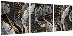 Tablou - Frunze tropicale, Galben - auriu (cu ceas) (90x30 cm)