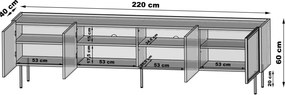 Comodă TV Dunari 220 cm cu picioare metalice - stejar dunin