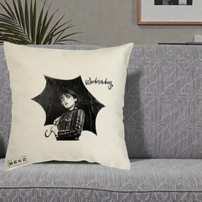Perna Personalizata Wednesday Addams cu Umbrela Foto, 40x40 cm, Ecru, Husa Detasabila, Perna Inclusa, BEKZ®