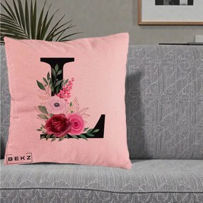Cadou Personalizat - Perna Personalizata Monograma Florala Litera L, 40x40 cm, Roz, Husa Detasabila, Perna Inclusa, BEKZ®