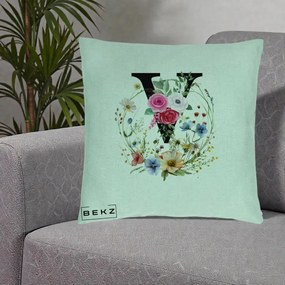 Cadou Personalizat - Perna Personalizata Monograma Florala Litera V cu Coroana, 40x40 cm, Verde Menta, Husa Detasabila, Perna Inclusa, BEKZ®