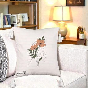 Perna Decorativa Portret Feminin Doua Maci Terracotta, 40x40 cm, Bej cu Franjuri, Husa Detasabila, Perna Inclusa, BEKZ®
