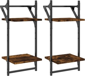 vidaXL Rafturi perete 2 niveluri/bare 2 buc stejar fumuriu 30x25x65cm