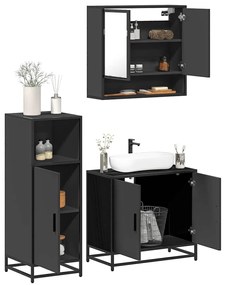 vidaXL Set mobilier de baie, 3 piese, negru, lemn compozit