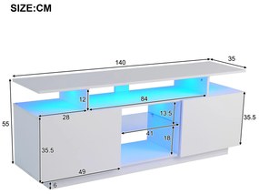 Modernă comodă TV cu iluminare LED în 16 culori, panou frontal lucios, raft de sticlă, 140×35×61 cm, Alb