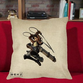 Perna Personalizata Attack on Titan Eren Yeager Lupta, 40x40 cm, Crem, Husa Detasabila, Perna Inclusa, BEKZ®