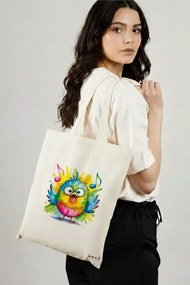 Sacosa de Panza pentru Cumparaturi, Geanta Tote, model Singing bird splash colors 38 x 34.5 cm, Alba, BEKZ®
