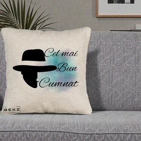 Cadou pentru Cumnat - Perna Personalizata Cel mai Bun Cumnat cu Silueta Palarie si Pete Teal-Roz, 40x40 cm, Bej Canapea, Husa Detasabila, Perna Inclusa, BEKZ®
