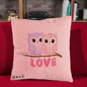 Perna Decorativa Love Bufnite Indragostite pe Crenguta Roz si Mov, 40x40 cm, Roz, Husa Detasabila, Perna Inclusa, BEKZ®