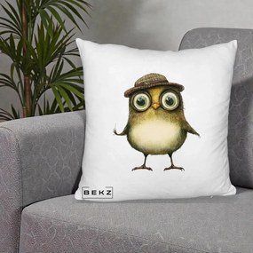 Perna Decorativa Pui Intelectual cu Palarie Tweed, 40x40 cm, Alb Pufos, Husa Detasabila, Perna Inclusa, BEKZ®