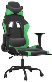 Scaun gaming de masaj suport picioare, negru verde, piele eco