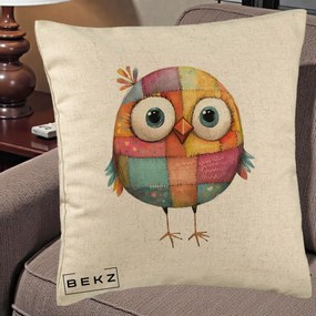 Perna Decorativa Pasare Patchwork Colorata, 40x40 cm, Bej, Husa Detasabila, Perna Inclusa, BEKZ®