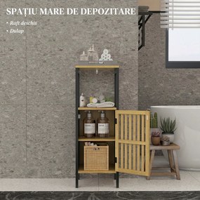 HOMCOM Dulap de Depozitare Îngust, Dulap de Baie Mic din Bambus cu Compartiment Deschis și Raft Reglabil, 32x30x90.5 cm, Negru | Aosom Romania