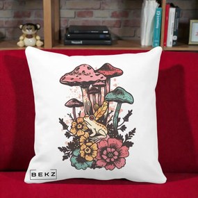 Perna Decorativa Ciuperci si Broaste Boho, 40x40 cm, Alba Mata, Husa Detasabila, Perna Inclusa, BEKZ®