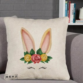 Perna Decorativa Iepuras Flori Urechi Pastelui, 40x40 cm, Bej Canapea, Husa Detasabila, Perna Inclusa, BEKZ®