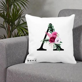 Cadou Personalizat - Perna Personalizata Monograma Florala Litera A, 40x40 cm, Alba Mata, Husa Detasabila, Perna Inclusa, BEKZ®