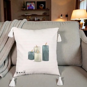 Perna Decorativa Lumanari Hygge Alb-Verde, 40x40 cm, Bej cu Franjuri, Husa Detasabila, Perna Inclusa, BEKZ®