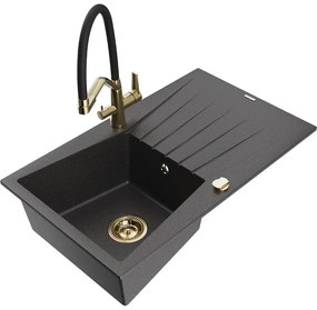 Mexen Cesar chiuvetă de granit cu 1 compartiment cu picurător și baterie Duo, negru cu stropi - 6514-76-671701-57-G