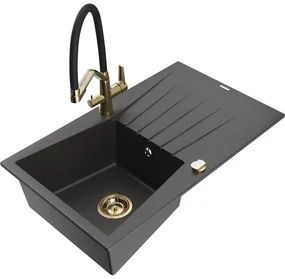 Mexen Cesar chiuvetă de granit cu 1 compartiment cu picurător și baterie Duo, negru cu stropi - 6514-76-671701-57-G