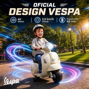 AIYAPLAY Motocicletă electrică pentru copii 1.5-3 ani mini Vespa GTS 7.2V, cu baterie litiu, spătar, roți ajutătoare, far, claxon, 2.5km/h, max. 25 Kg, alb crem | Aosom Romania