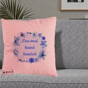 Cadou pentru Bunica - Perna Personalizata Cea Mai Buna Bunica Coronita Flori Albastre Acuarela, 40x40 cm, Roz, Husa Detasabila, Perna Inclusa, BEKZ®