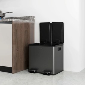 HOMCOM Coș de bucătărie dublu, 2 x 20L, cu pedală, capac cu închidere moale, găleți interioare detașabile, rezistent la amprente, Argintiu | Aosom Romania