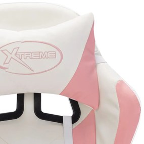 Scaun de racing cu LED RGB, roz si alb, piele ecologica roz si alb, Cu suport de picioare, 1