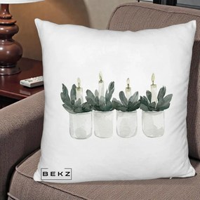 Perna Decorativa Lumanari in Borcane cu Eucalipt, 40x40 cm, Alb Pufos, Husa Detasabila, Perna Inclusa, BEKZ®