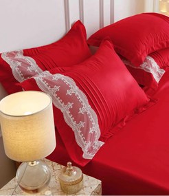 Lenjerie pat dublu, Inimi Brodate, 6 Piese, Finet Premium - Rosu