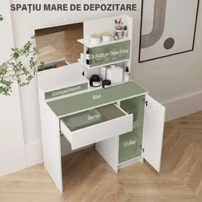 HOMCOM Masă de Toaletă cu Oglindă și Taburet, 80x40x132 cm, Alb | Aosom Romania
